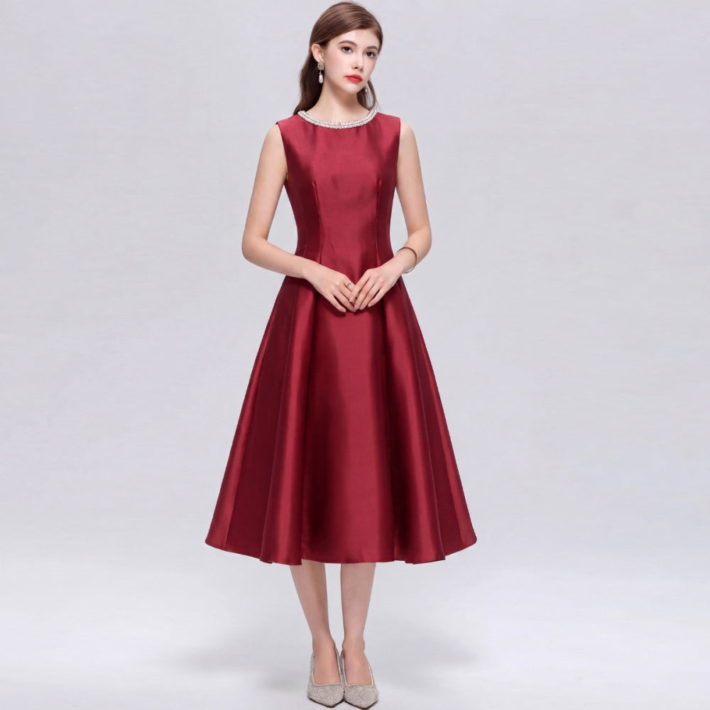 CM-DY072485 Women Elegant European Style Round Neck Sleeveless Rhinestone Satin Mid-Length Dress - Red