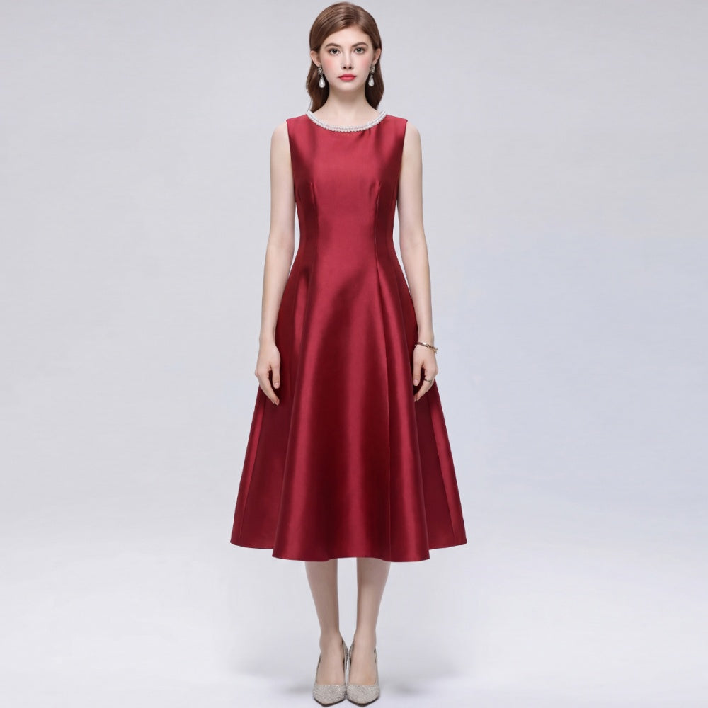 CM-DY072485 Women Elegant European Style Round Neck Sleeveless Rhinestone Satin Mid-Length Dress - Red
