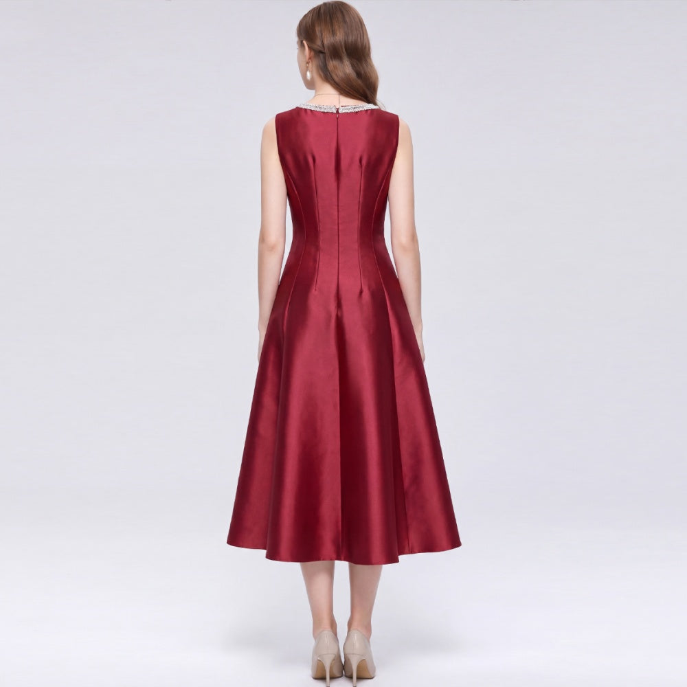 CM-DY072485 Women Elegant European Style Round Neck Sleeveless Rhinestone Satin Mid-Length Dress - Red