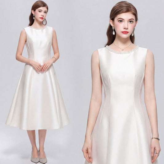CM-DY072486 Women Elegant European Style Round Neck Sleeveless Rhinestone Satin Mid-Length Dress - Apricot