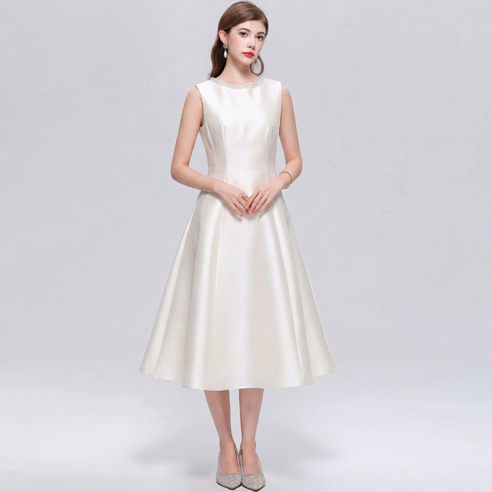 CM-DY072486 Women Elegant European Style Round Neck Sleeveless Rhinestone Satin Mid-Length Dress - Apricot