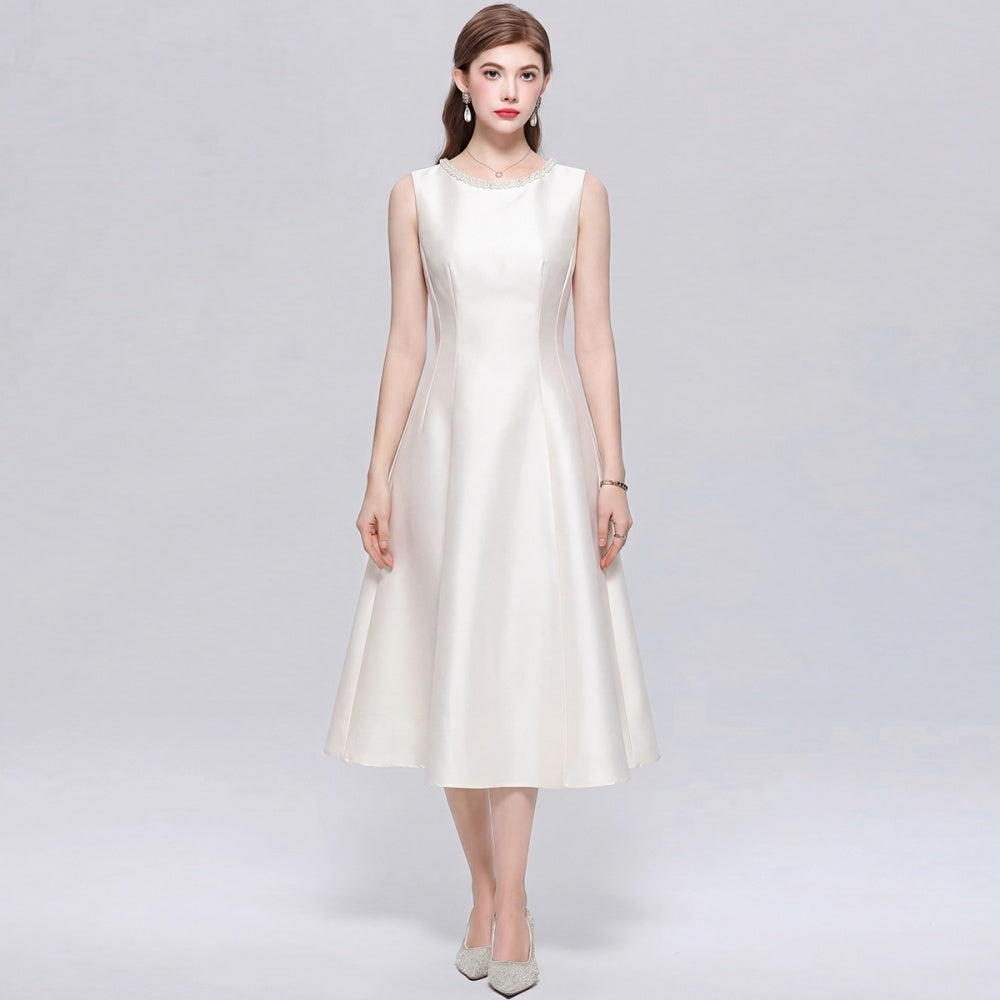 CM-DY072486 Women Elegant European Style Round Neck Sleeveless Rhinestone Satin Mid-Length Dress - Apricot