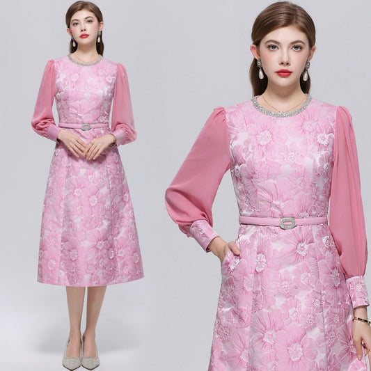 CM-DY072487 Women Elegant European Style Round Neck Long Sleeve Belted Jacquard Mid-Length Dress - Pink