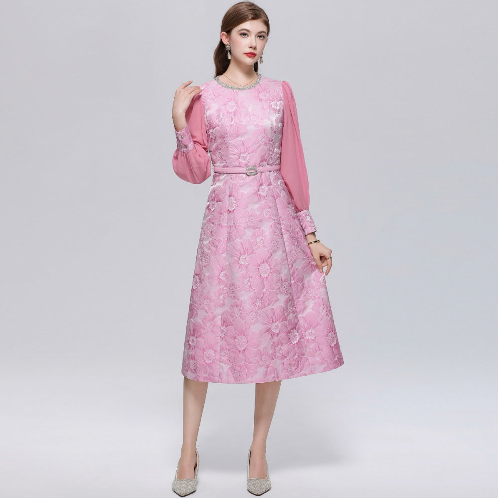 CM-DY072487 Women Elegant European Style Round Neck Long Sleeve Belted Jacquard Mid-Length Dress - Pink