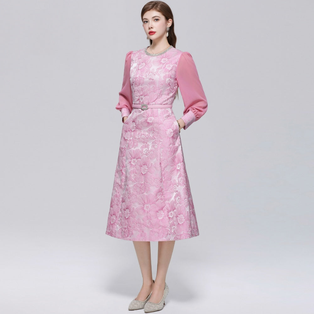 CM-DY072487 Women Elegant European Style Round Neck Long Sleeve Belted Jacquard Mid-Length Dress - Pink