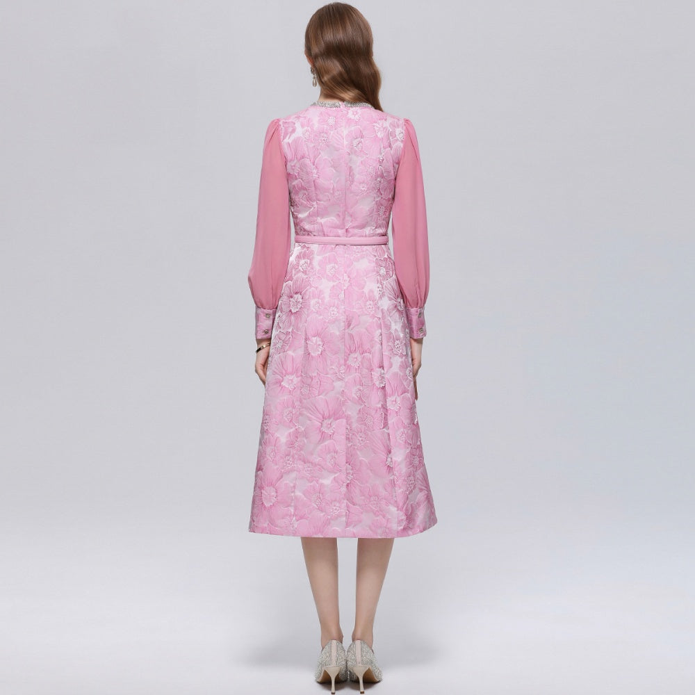 CM-DY072487 Women Elegant European Style Round Neck Long Sleeve Belted Jacquard Mid-Length Dress - Pink