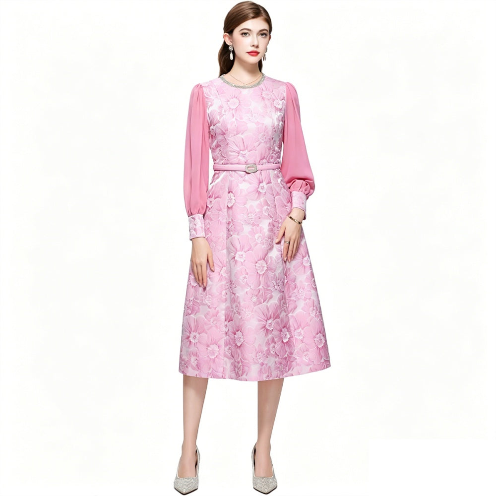 CM-DY072487 Women Elegant European Style Round Neck Long Sleeve Belted Jacquard Mid-Length Dress - Pink