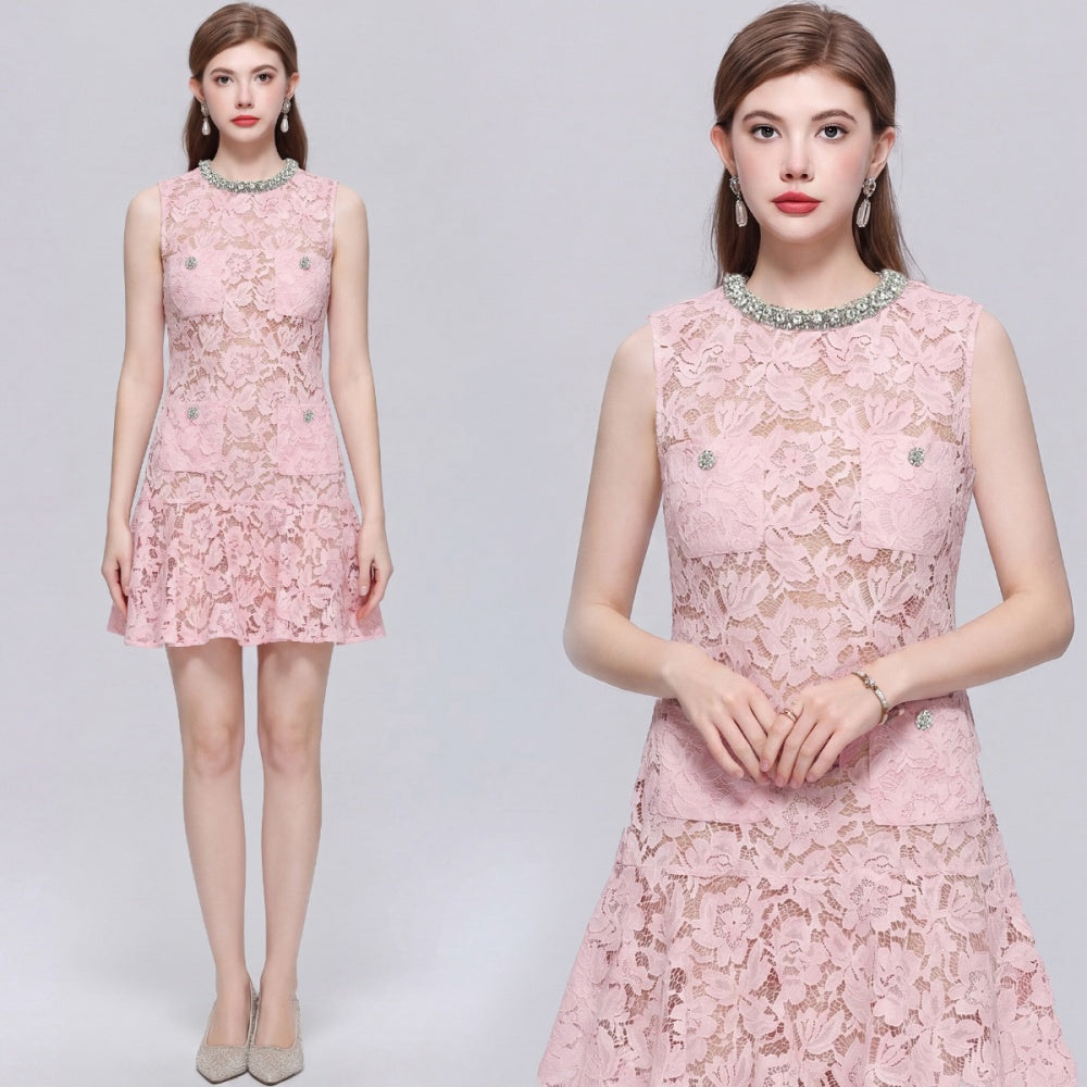 CM-DY072488 Women Elegant European Style Lace Floral Round Neck Sleeveless A-Line Mini Dress - Pink