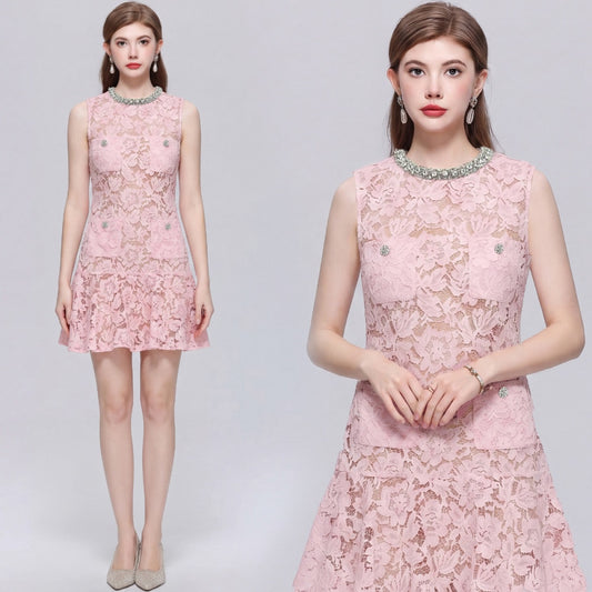 CM-DY072488 Women Elegant European Style Lace Floral Round Neck Sleeveless A-Line Mini Dress - Pink