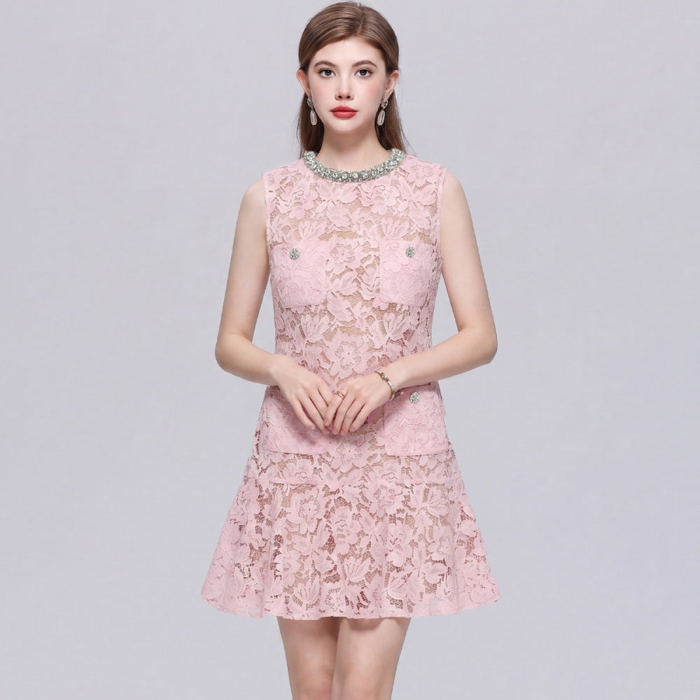 CM-DY072488 Women Elegant European Style Lace Floral Round Neck Sleeveless A-Line Mini Dress - Pink