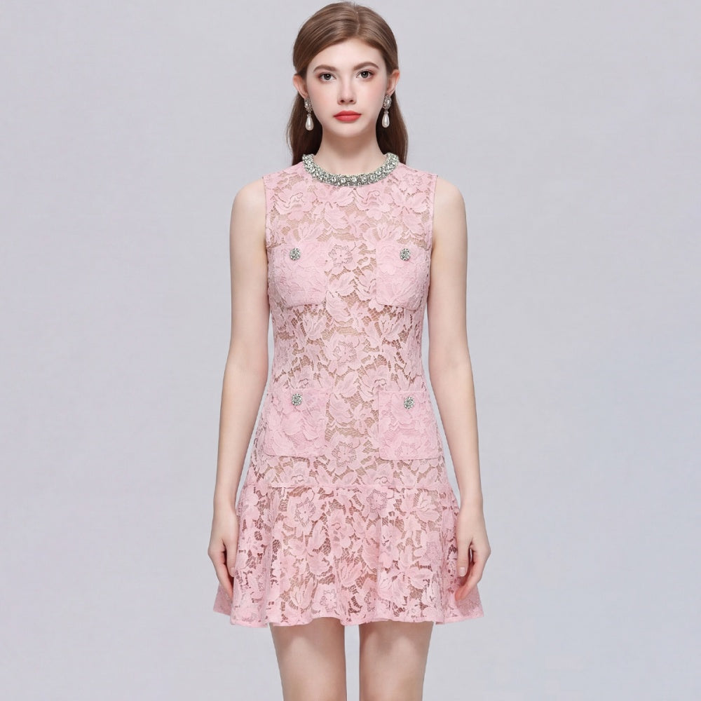 CM-DY072488 Women Elegant European Style Lace Floral Round Neck Sleeveless A-Line Mini Dress - Pink