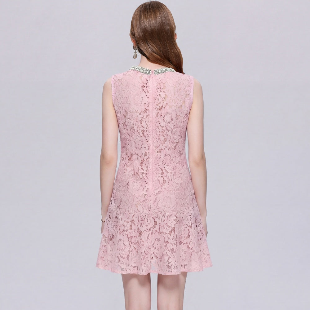 CM-DY072488 Women Elegant European Style Lace Floral Round Neck Sleeveless A-Line Mini Dress - Pink