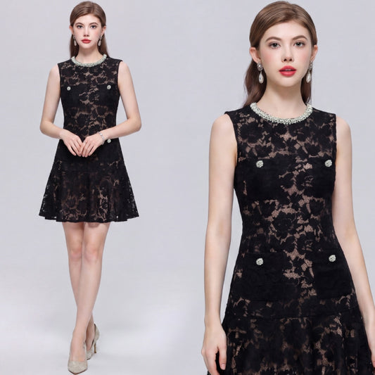 CM-DY072489 Women Elegant European Style Lace Floral Round Neck Sleeveless A-Line Mini Dress - Black