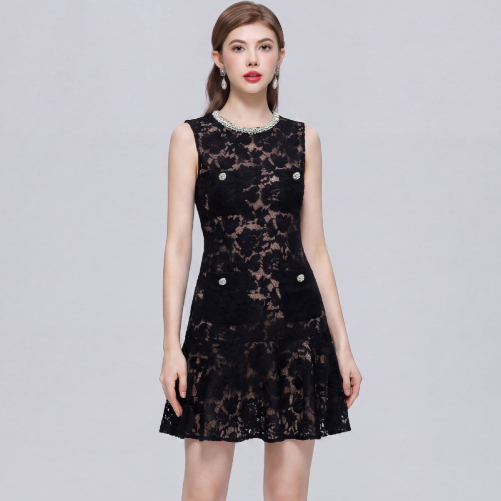 CM-DY072489 Women Elegant European Style Lace Floral Round Neck Sleeveless A-Line Mini Dress - Black