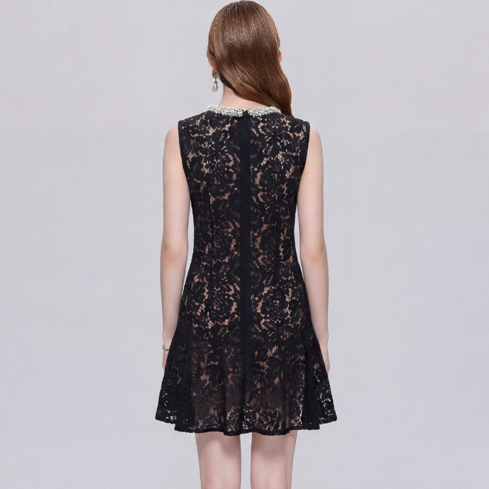 CM-DY072489 Women Elegant European Style Lace Floral Round Neck Sleeveless A-Line Mini Dress - Black