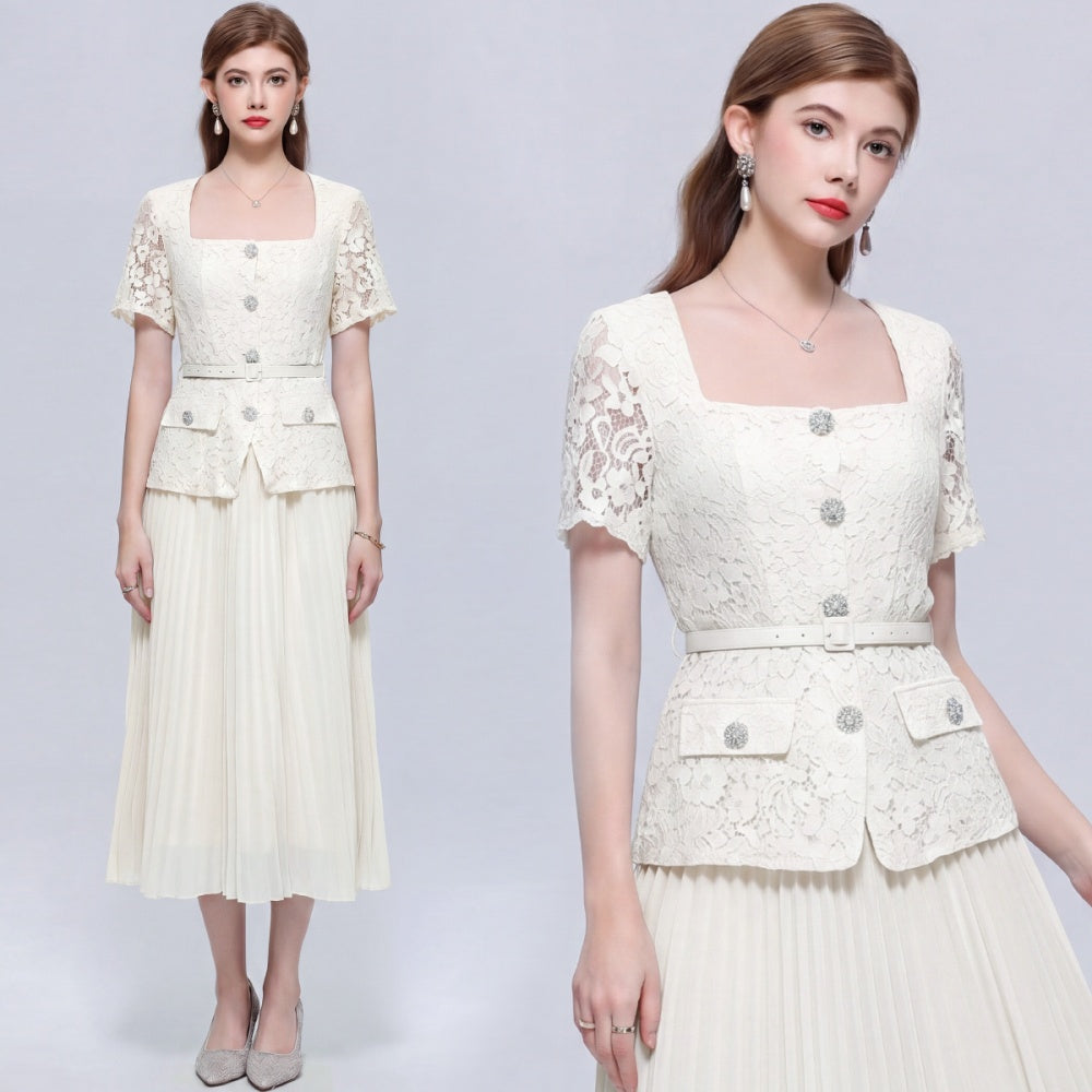 CM-DY072490 Women Elegant European Style Square Collar Short Sleeve Belted Pleated Mid-Length Dress - Apricot