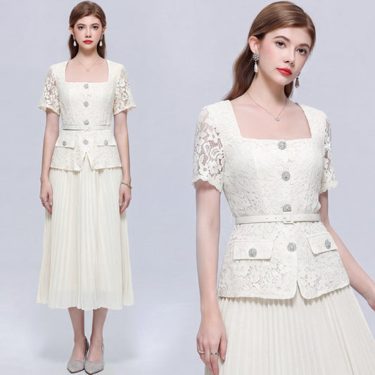 CM-DY072490 Women Elegant European Style Square Collar Short Sleeve Belted Pleated Mid-Length Dress - Apricot