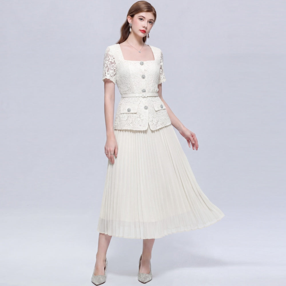 CM-DY072490 Women Elegant European Style Square Collar Short Sleeve Belted Pleated Mid-Length Dress - Apricot