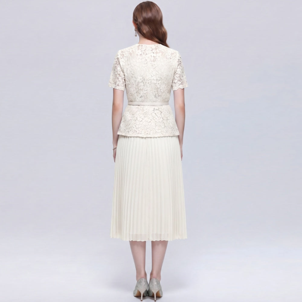 CM-DY072490 Women Elegant European Style Square Collar Short Sleeve Belted Pleated Mid-Length Dress - Apricot
