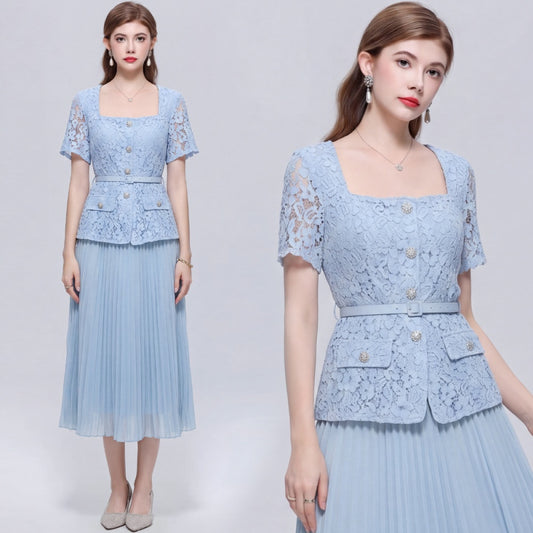 CM-DY072491 Women Elegant European Style Square Collar Short Sleeve Belted Pleated Mid-Length Dress - Blue