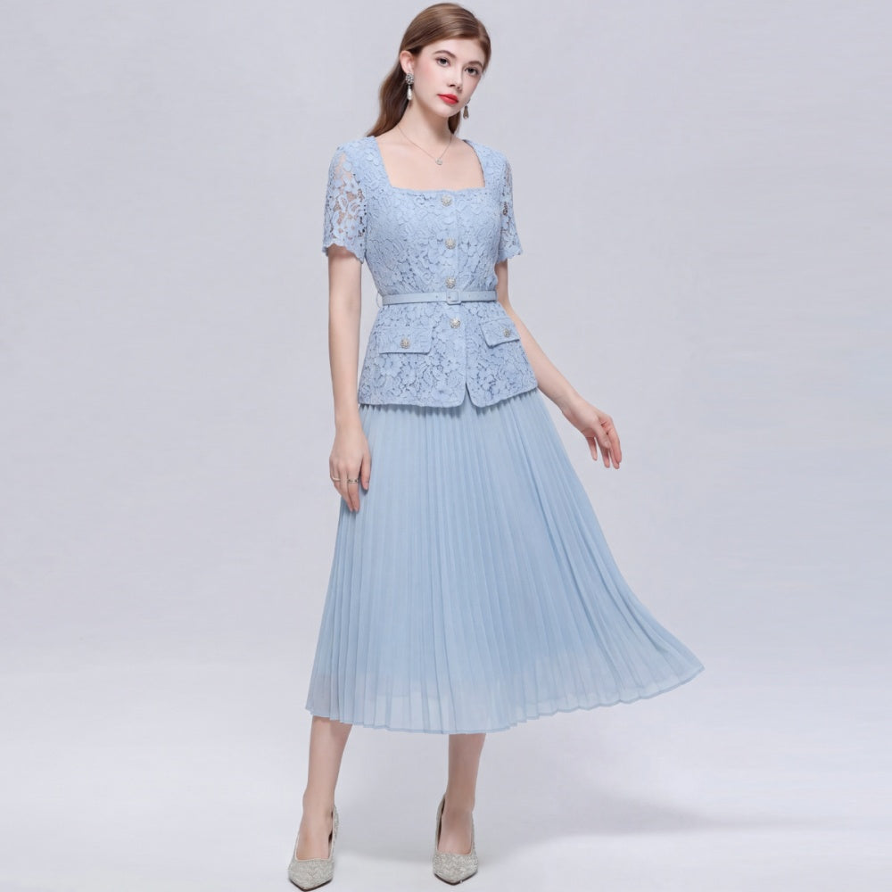 CM-DY072491 Women Elegant European Style Square Collar Short Sleeve Belted Pleated Mid-Length Dress - Blue