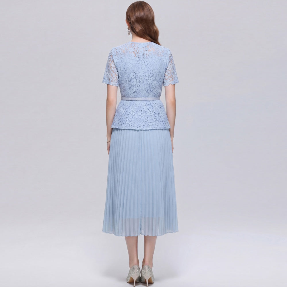 CM-DY072491 Women Elegant European Style Square Collar Short Sleeve Belted Pleated Mid-Length Dress - Blue