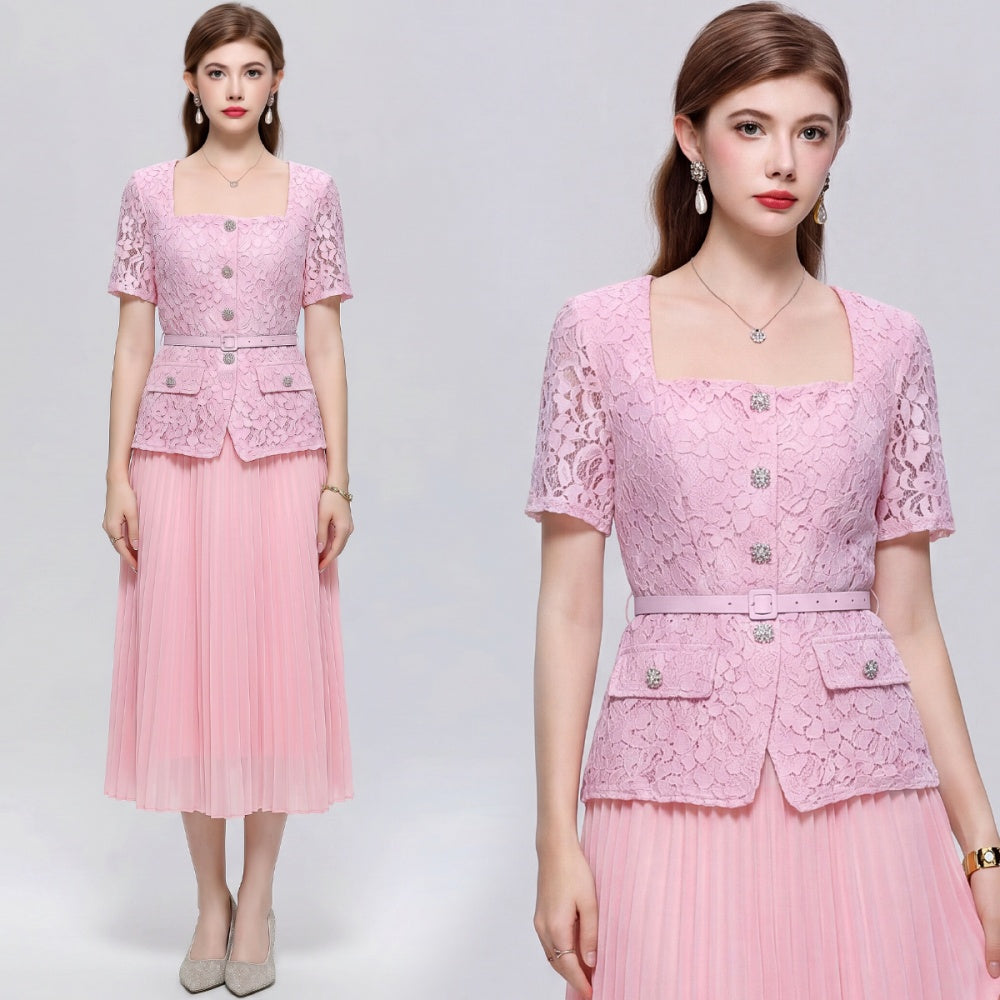 CM-DY072492 Women Elegant European Style Square Collar Short Sleeve Belted Pleated Mid-Length Dress - Pink