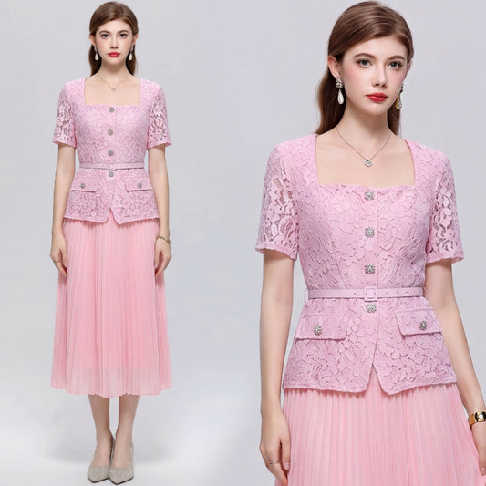 CM-DY072492 Women Elegant European Style Square Collar Short Sleeve Belted Pleated Mid-Length Dress - Pink