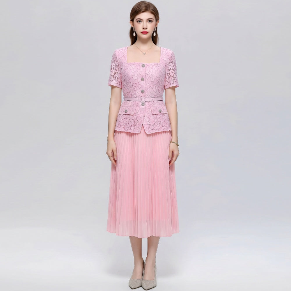 CM-DY072492 Women Elegant European Style Square Collar Short Sleeve Belted Pleated Mid-Length Dress - Pink