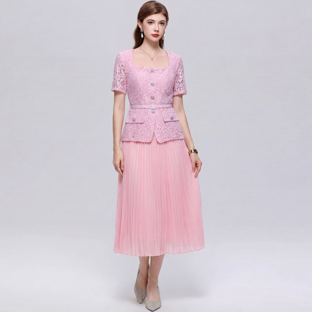 CM-DY072492 Women Elegant European Style Square Collar Short Sleeve Belted Pleated Mid-Length Dress - Pink
