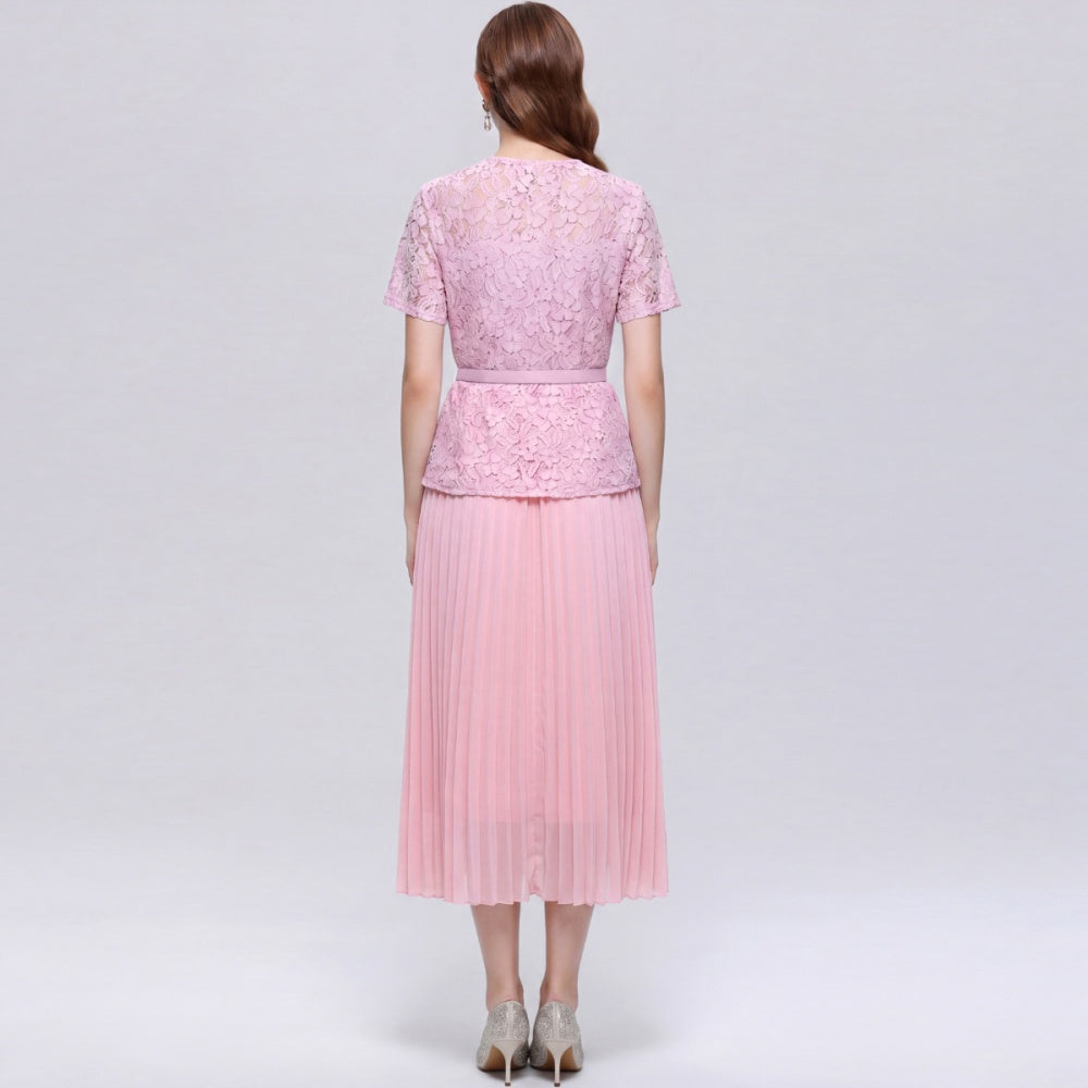 CM-DY072492 Women Elegant European Style Square Collar Short Sleeve Belted Pleated Mid-Length Dress - Pink
