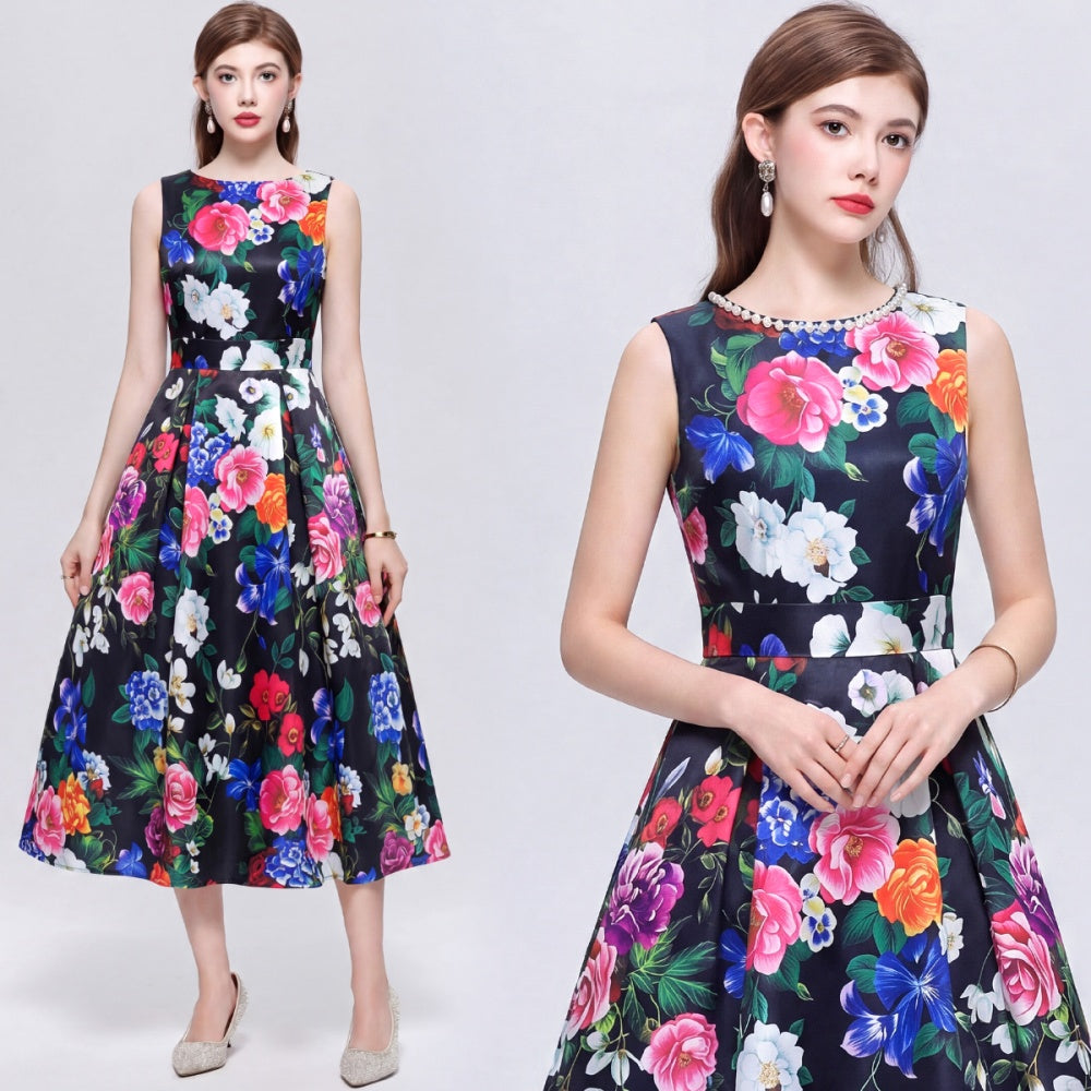 CM-DY072496 Women Elegant European Style Floral Print Round Neck Sleeveless Pinched Waist A-Line Midi Dress