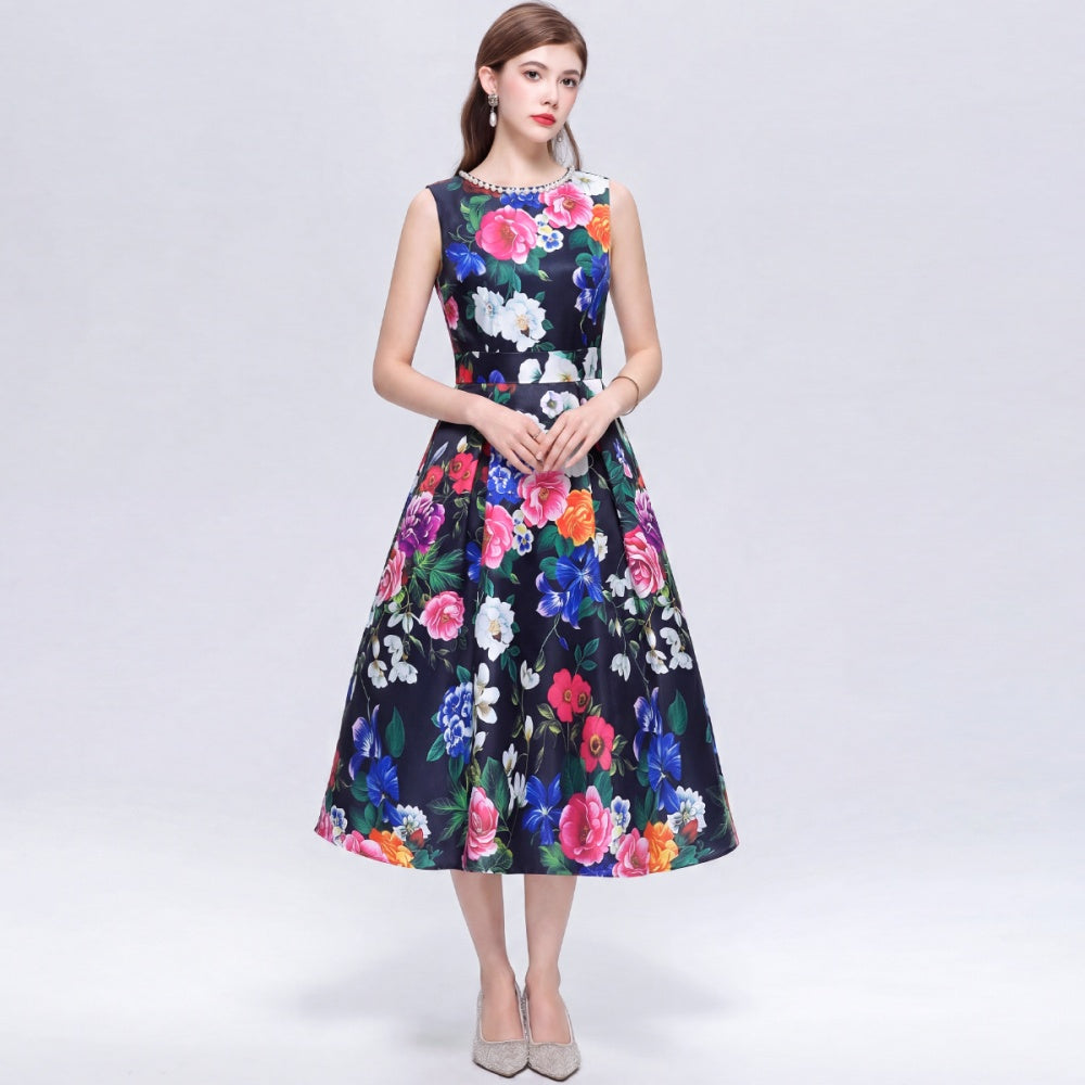 CM-DY072496 Women Elegant European Style Floral Print Round Neck Sleeveless Pinched Waist A-Line Midi Dress
