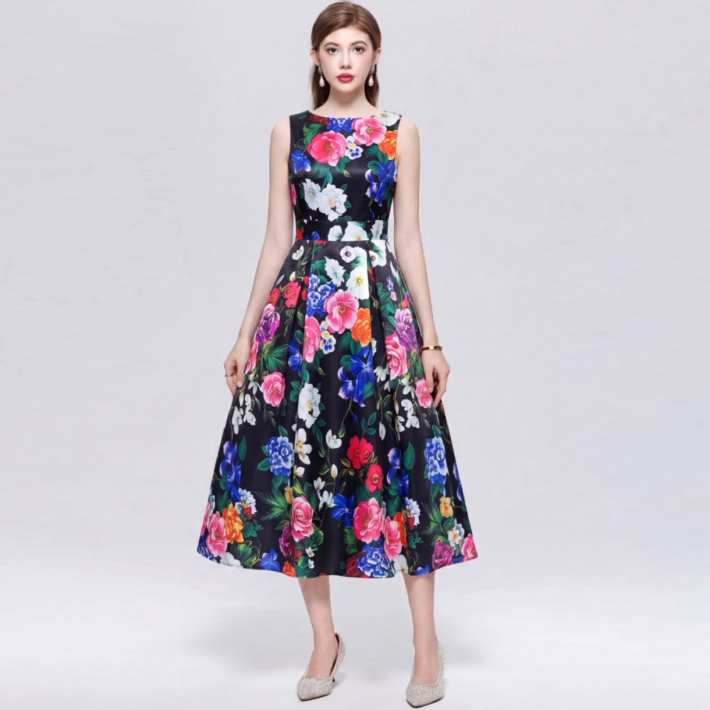 CM-DY072496 Women Elegant European Style Floral Print Round Neck Sleeveless Pinched Waist A-Line Midi Dress
