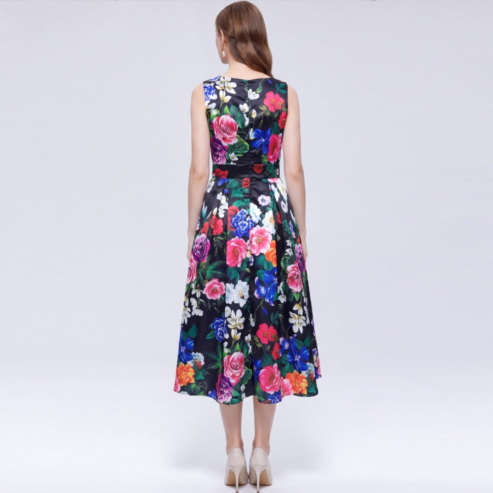 CM-DY072496 Women Elegant European Style Floral Print Round Neck Sleeveless Pinched Waist A-Line Midi Dress