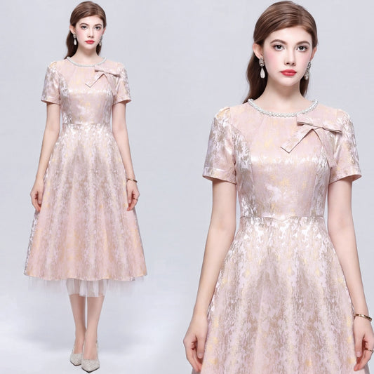 CM-DY072497 Women Elegant European Style Round Neck Short Sleeve Inlay Pearl Jacquard Gauze Midi Dress - Pink