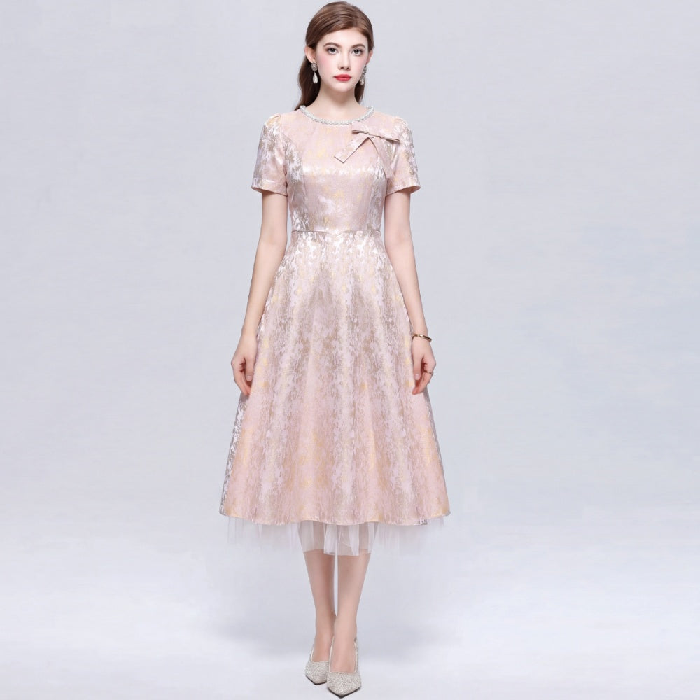 CM-DY072497 Women Elegant European Style Round Neck Short Sleeve Inlay Pearl Jacquard Gauze Midi Dress - Pink