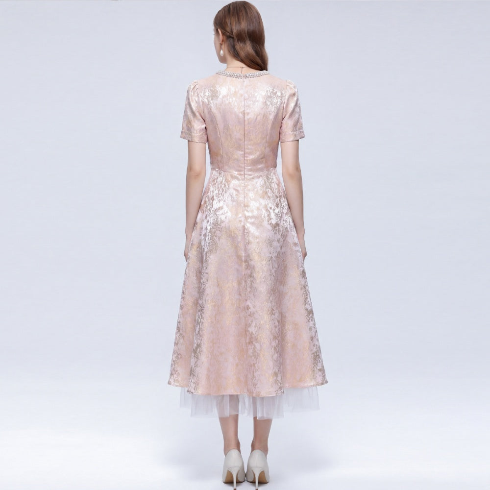 CM-DY072497 Women Elegant European Style Round Neck Short Sleeve Inlay Pearl Jacquard Gauze Midi Dress - Pink