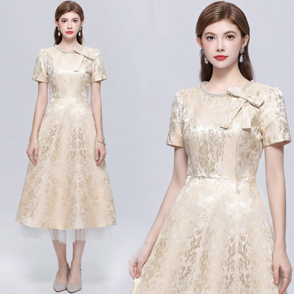 CM-DY072498 Women Elegant European Style Round Neck Short Sleeve Inlay Pearl Jacquard Gauze Midi Dress - Apricot