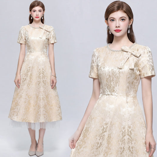 CM-DY072498 Women Elegant European Style Round Neck Short Sleeve Inlay Pearl Jacquard Gauze Midi Dress - Apricot