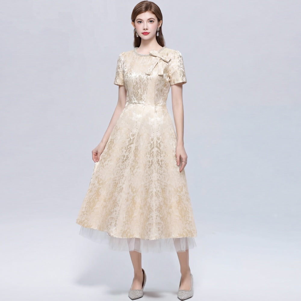 CM-DY072498 Women Elegant European Style Round Neck Short Sleeve Inlay Pearl Jacquard Gauze Midi Dress - Apricot