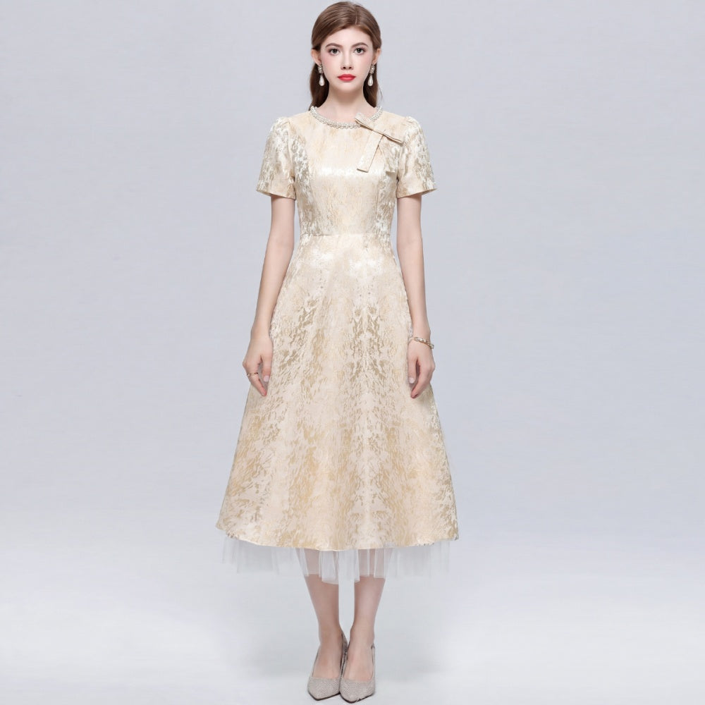 CM-DY072498 Women Elegant European Style Round Neck Short Sleeve Inlay Pearl Jacquard Gauze Midi Dress - Apricot