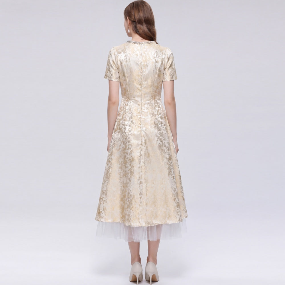 CM-DY072498 Women Elegant European Style Round Neck Short Sleeve Inlay Pearl Jacquard Gauze Midi Dress - Apricot
