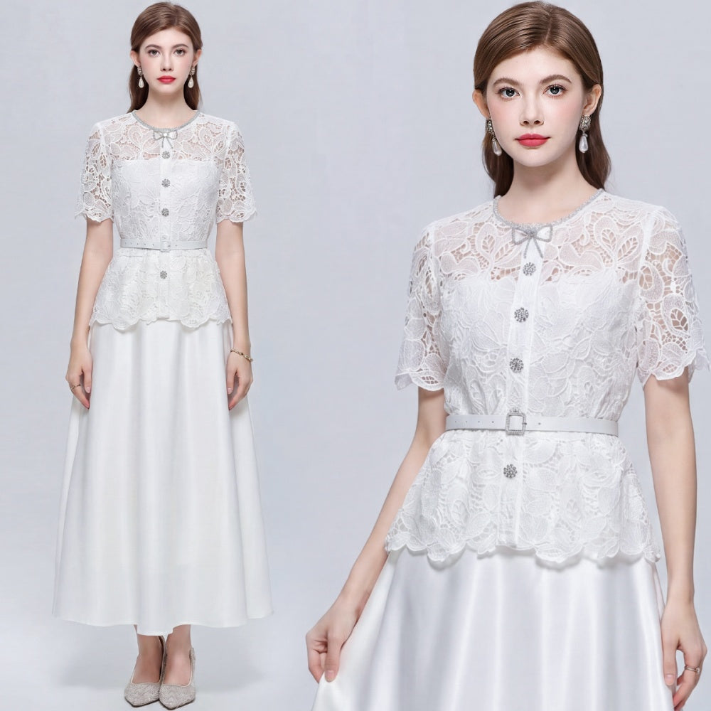 CM-DY072499 Women Elegant European Style Lace Hollow Round Neck Short Sleeve Pinched Waist Mid-Length Dress - White