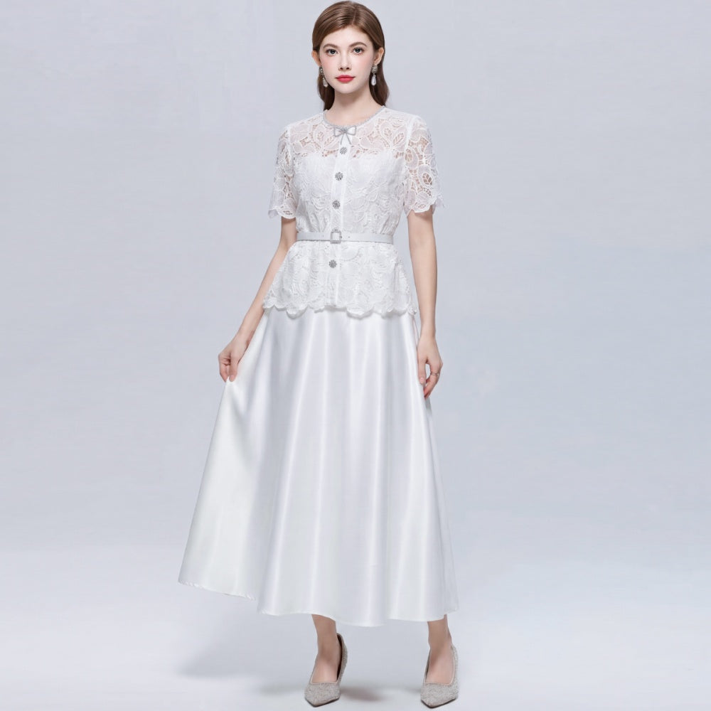 CM-DY072499 Women Elegant European Style Lace Hollow Round Neck Short Sleeve Pinched Waist Mid-Length Dress - White