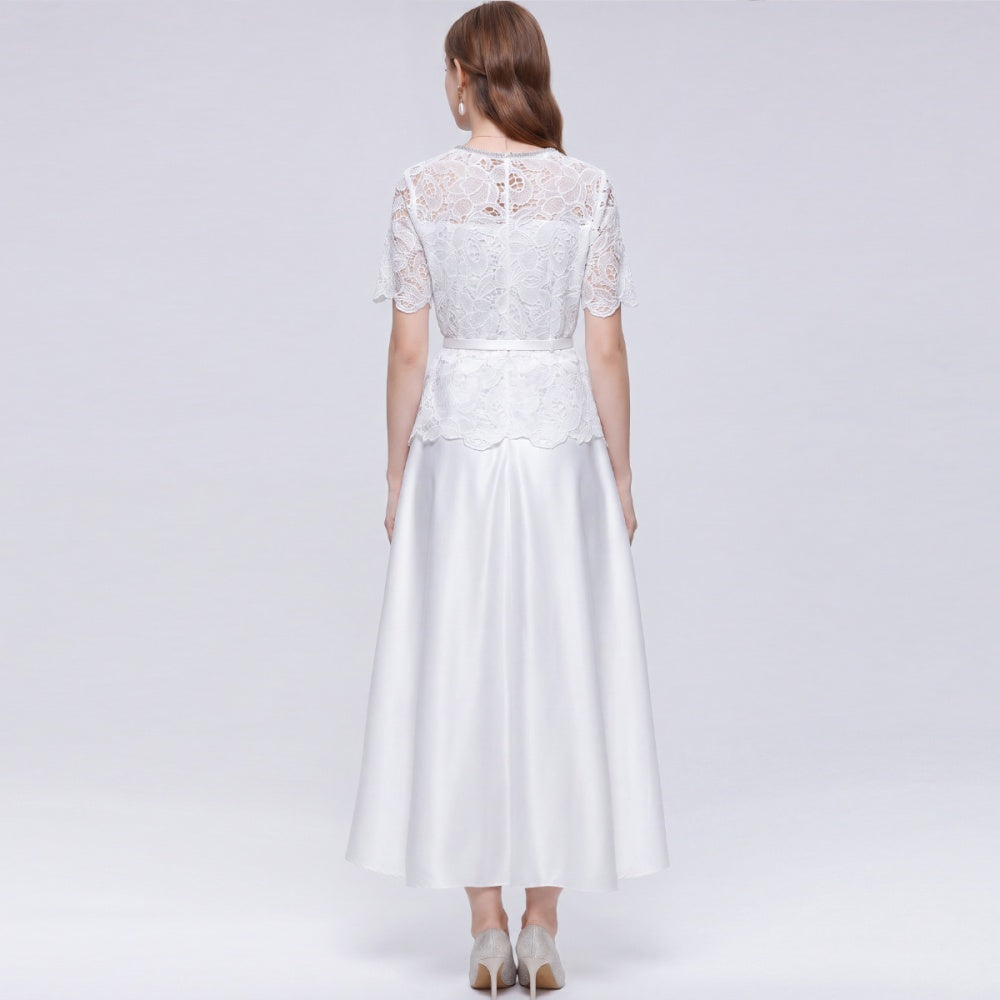 CM-DY072499 Women Elegant European Style Lace Hollow Round Neck Short Sleeve Pinched Waist Mid-Length Dress - White