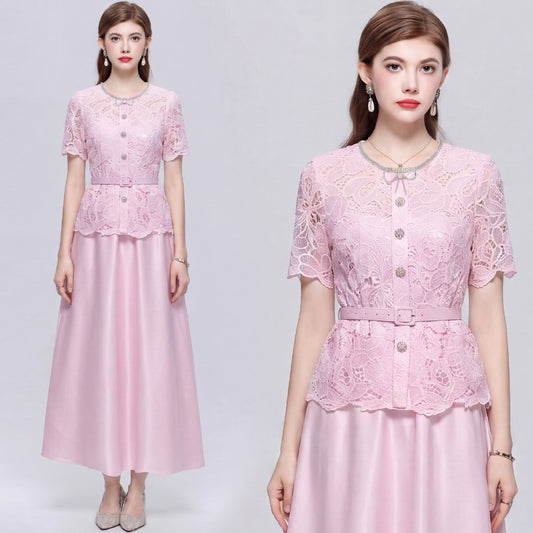CM-DY072500 Women Elegant European Style Lace Hollow Round Neck Short Sleeve Pinched Waist Mid-Length Dress - Pink
