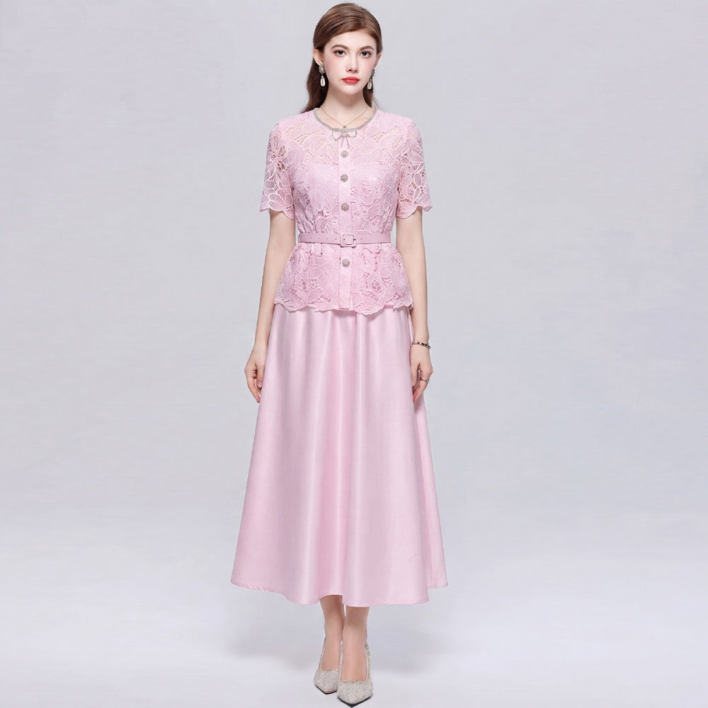 CM-DY072500 Women Elegant European Style Lace Hollow Round Neck Short Sleeve Pinched Waist Mid-Length Dress - Pink