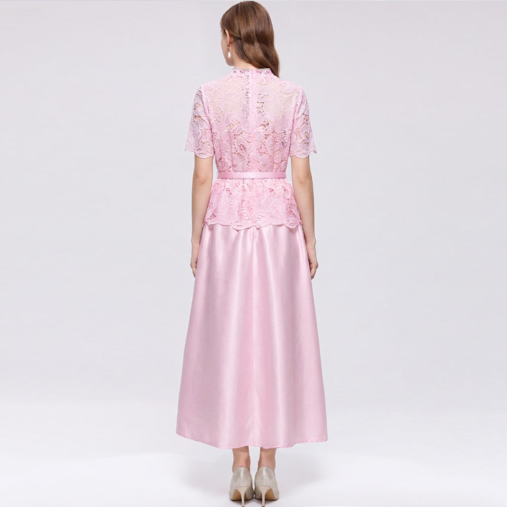 CM-DY072500 Women Elegant European Style Lace Hollow Round Neck Short Sleeve Pinched Waist Mid-Length Dress - Pink