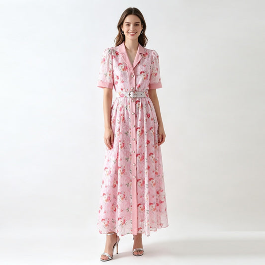 CM-DY072502 Women Elegant European Style Lace Floral Collar Neckline Short Sleeve Maxi Dress - Pink